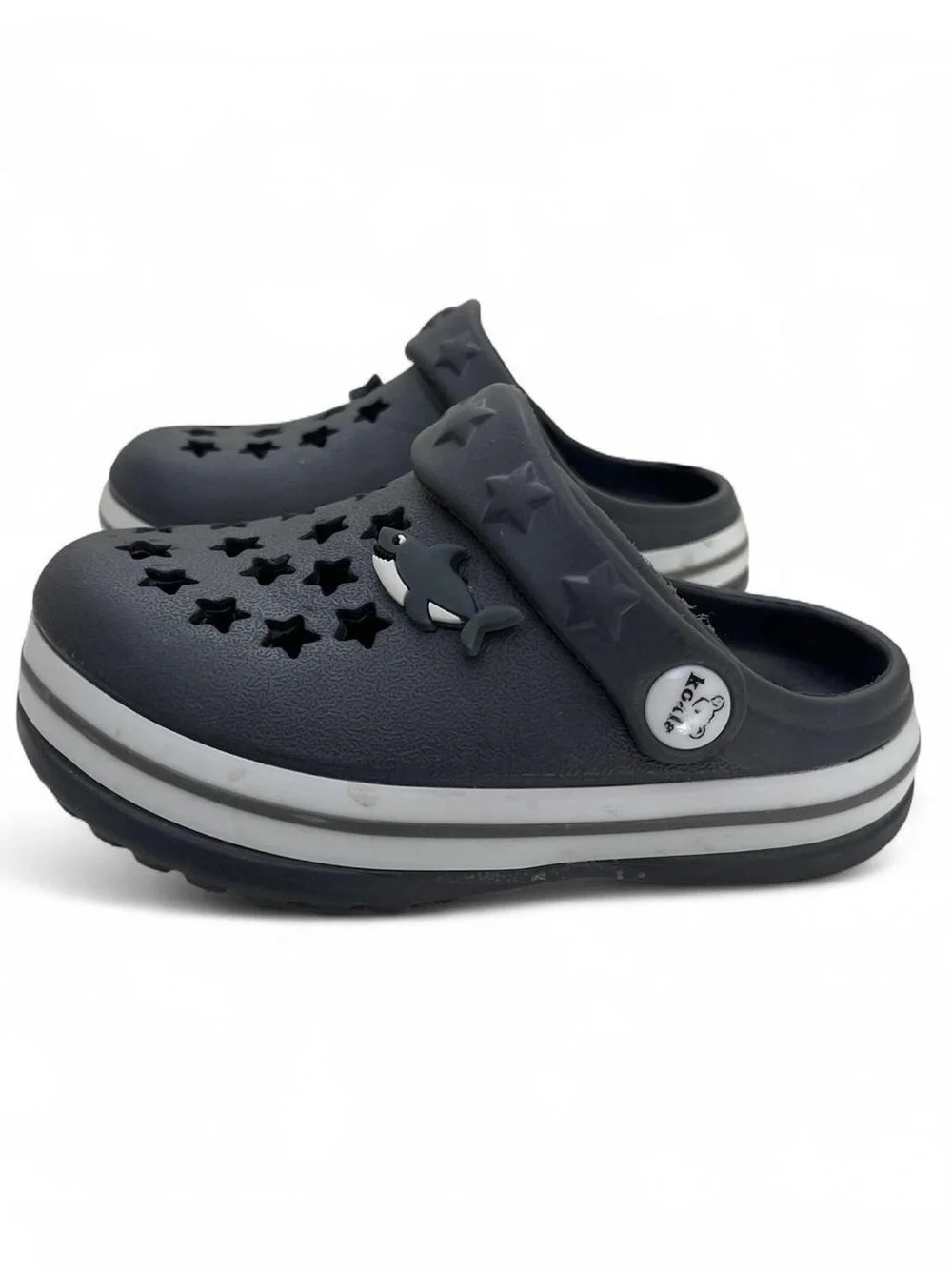 Toddler Boy 6C Crocs Dark Gray White Striped Shark Jibbitz Koala Baby Star Cut